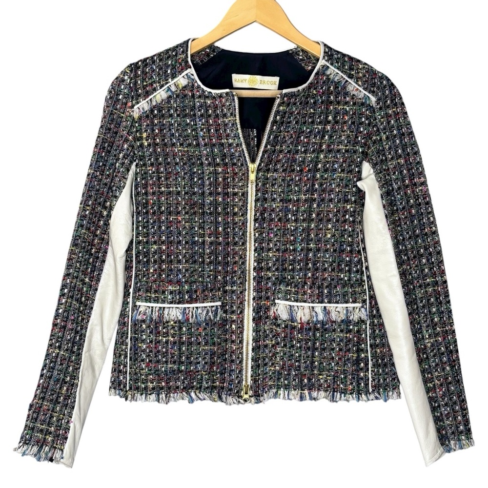 Ramy Brook jacket white leather multicolor rainbow tweed fringe trim size xsmall